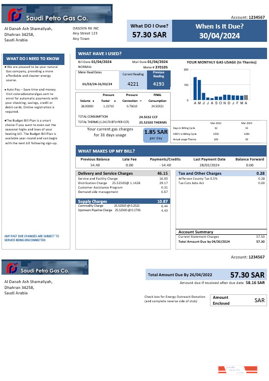 Saudi Arabia Saudi Petro Gas business utility bill, Word and PDF template PSD template
